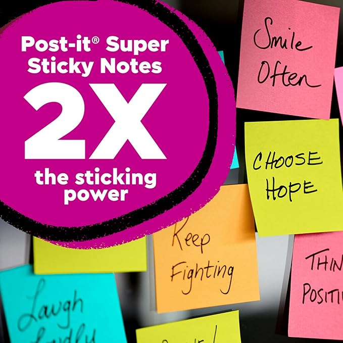 Post-it Super Sticky Notes, 3 in x 3 in, 5 Pads, 2X The Sticking Power, Black, Recyclable (654-5SSSC)