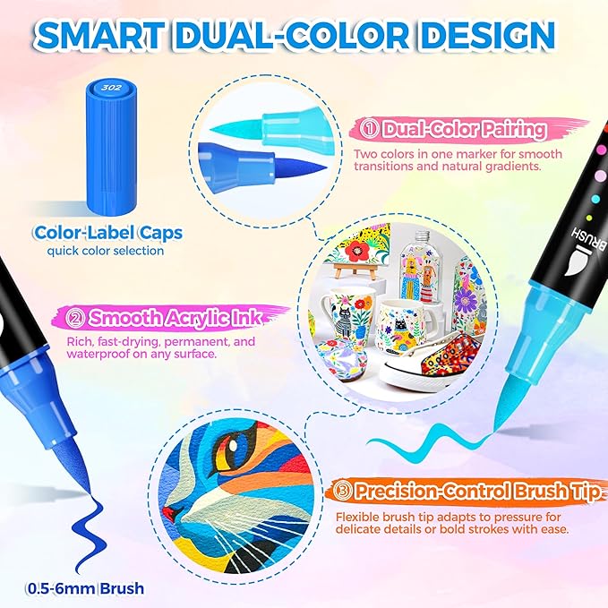 WINSONS 120 Colors Acrylic Paint Markers, Permanent Dual-Tip Acrylic Markers Set, Soft Brush Tip Paint Pens for Rock Painting, Canvas, Glass, Wood, Ceramic, DIY Craft Art Supplies, Set of 60
