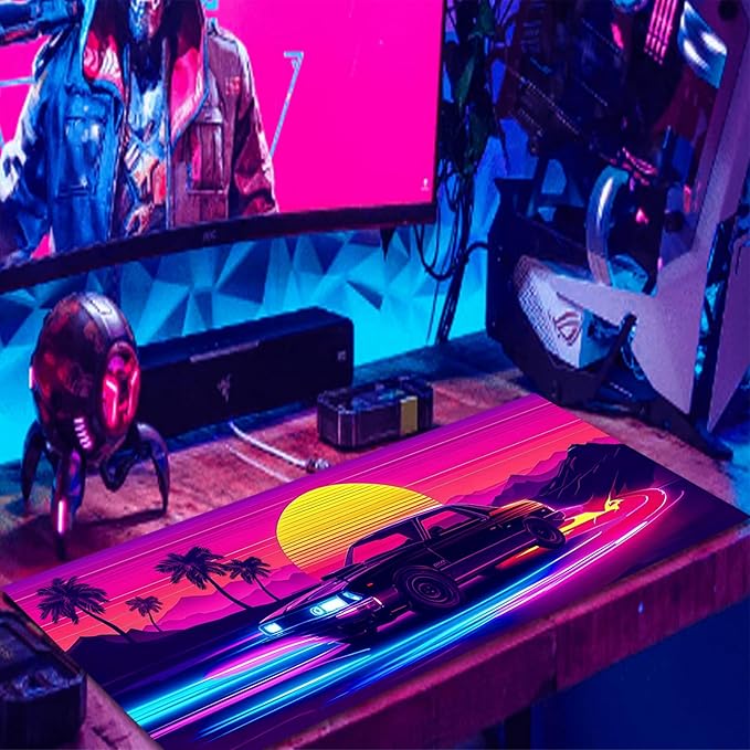 Manicer Retro Sunset Car Mouse Pad – Blacklight Gaming Desk Mat, UV Reactive Neon Glow in The Dark Mousepad, Extended 31.5” x 11.8” Non-Slip Rubber Base, Waterproof Cool Desk Pad for Office & Home