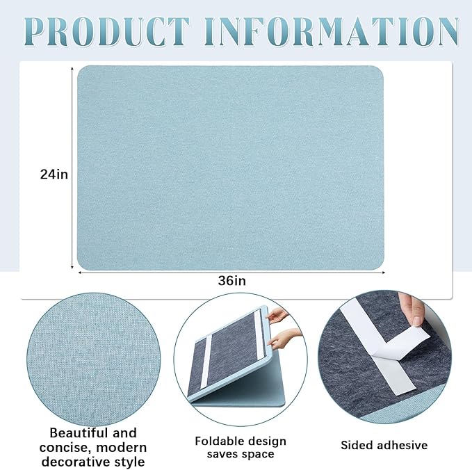 36"x 24"Linen Fabric Bulletin Board Pinboard for Walls Display Frameless Pinboard Display Notice Memory Board for Office Home Walls Kitchen Easy to Install(Water Blue)