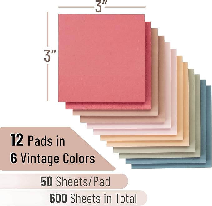 Mr. Pen- Sticky Notes, 3"x3", 12 Pads, Vintage Colors, Self-Stick Pads, Aesthetic, Colorful, Bulk, Stocky Notes for Bible Journaling