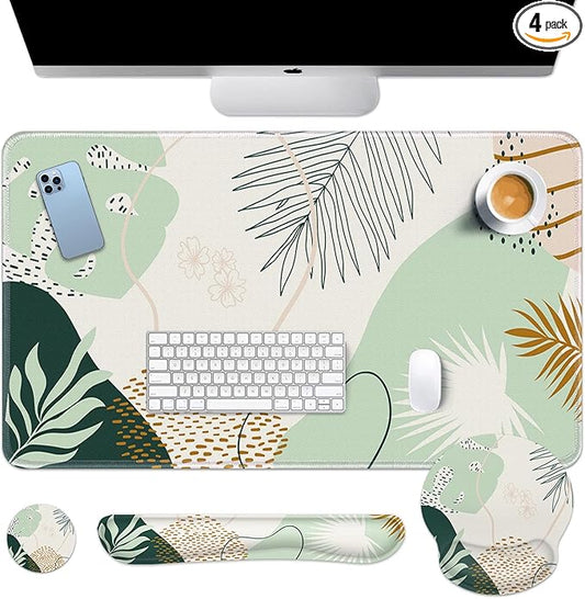 Britimes Green Boho Leaves Keyboard Mouse Pad Set 4in1 Large Mousepad+Keyboard Wrist Rest+Mouse Wrist Rest+Coaster Set with Ergonomic Design for Home Office Computer 35.4x15.7 inches