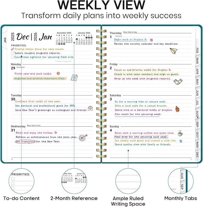 2026 Planner 8.5" x 11", Weekly and Monthly Calendar Planner Book, January 2026 - December 2026, Hardcover Spiral Planner with Monthly Tabs, Notes Pages, Perfect for Women & Men, A4 - Turquoise