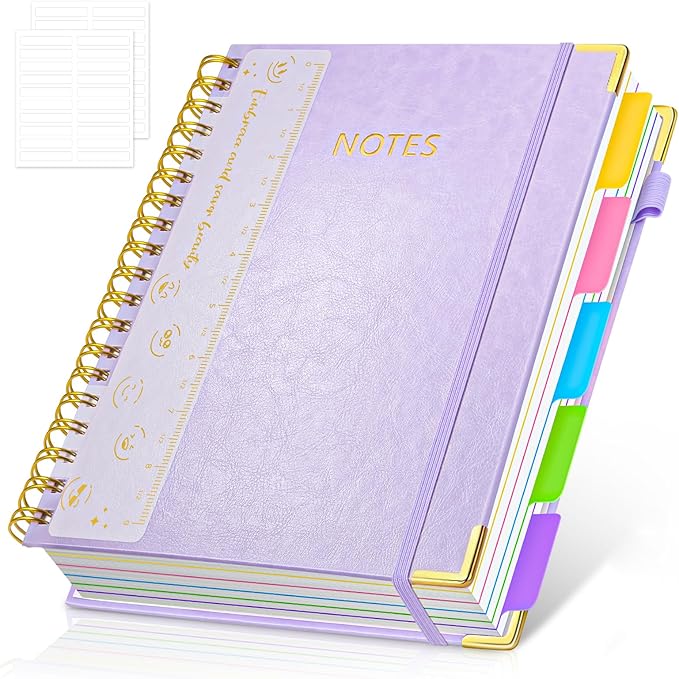 Hardcover Spiral Notebook Journal with Removable PVC Dividers - 8'' x 10'' Large 300 Pages B5 Hardcover Leather Lined Journal Notebook with Tab for Work Note Taking Office Home School Supplies, Purple