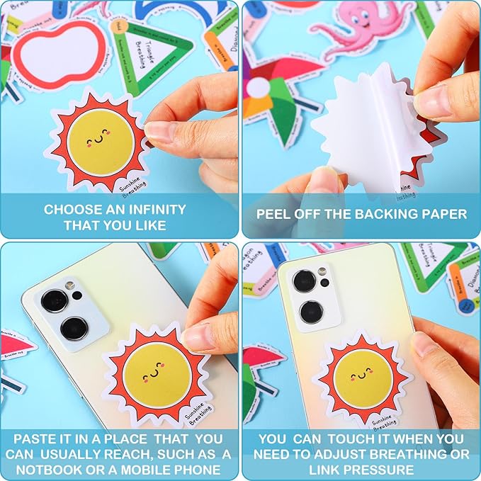 Crtiin 100 Pcs Sensory Strips Anxiety Calm Mindfulness Stickers Fidget Stress Breathing Sensory Sticker Different Textures Rough Tactile Tape for Mental Health Adults Desk Anxiety Relief(Cute)