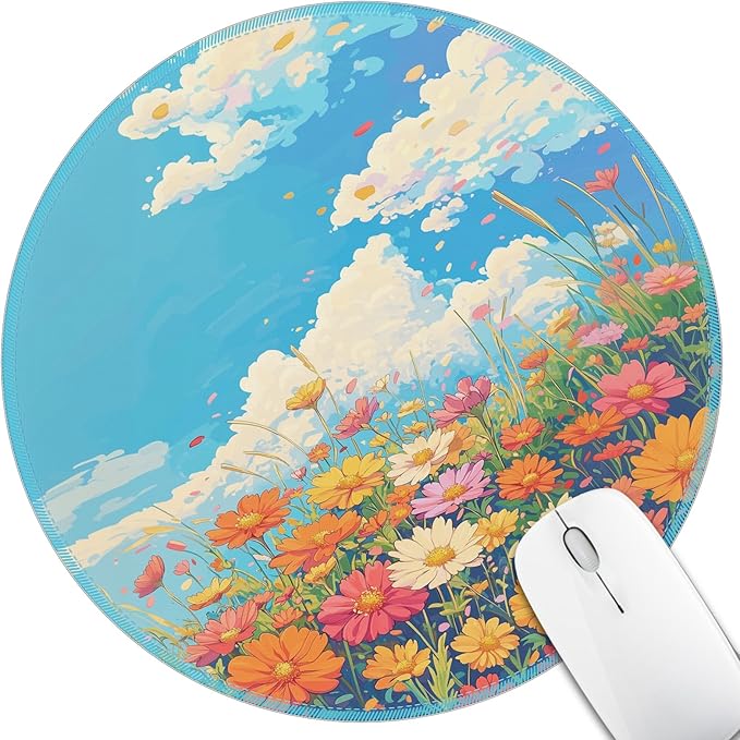 Mouse Pad for Desk, Floral Clouds Small Cute Mousepad with Non-Slip Base, Round Mouse Pads for Wireless Mouse Laptop Gaming, Computer Mouse Mat for Home Office Travel Desk Accessories