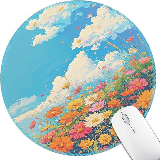 Mouse Pad for Desk, Floral Clouds Small Cute Mousepad with Non-Slip Base, Round Mouse Pads for Wireless Mouse Laptop Gaming, Computer Mouse Mat for Home Office Travel Desk Accessories