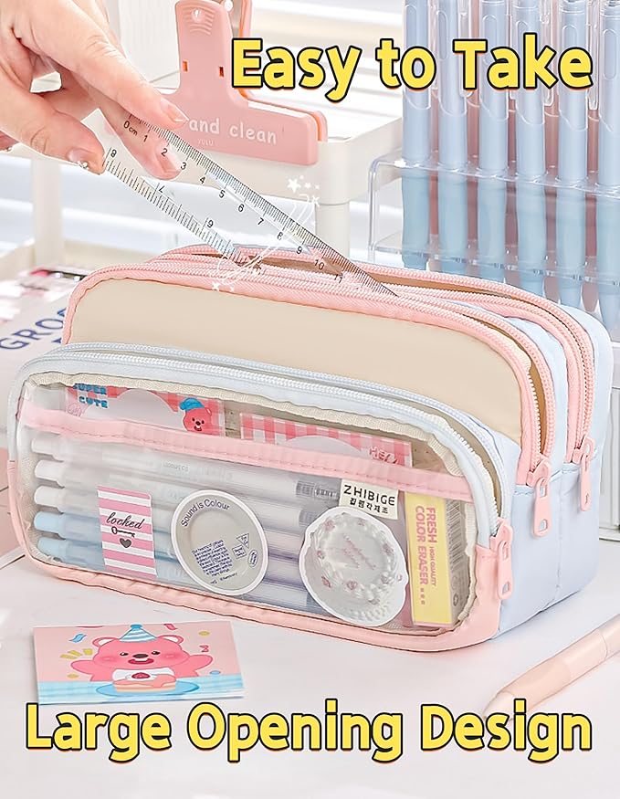 4-Layer Transparent Large Capacity Pencil Case - Ins Aesthetic Japanese Style Makeup & Supplies Organizer Pouch (Orange)