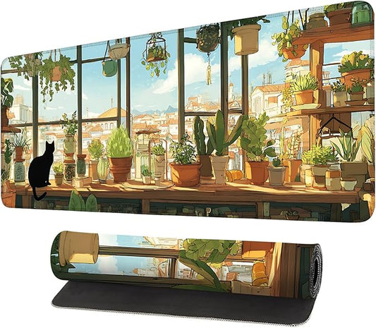 Desk Mat, XXL Extended Gaming Pad for Desktop, 35x16 Inches Cat Lover Kitty in Window with Houseplants, Large Non-Slip Vegan Leather Surface with Stitched Edges, Keyboard Mouse Mat for Home Office