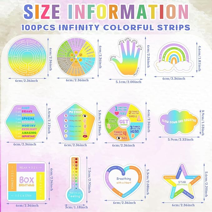 Crtiin 100 Pcs Sensory Strips Anxiety Calm Mindfulness Stickers Fidget Stress Breathing Sensory Sticker Different Textures Rough Tactile Tape for Mental Health Adults Desk Anxiety Relief(Vivid)