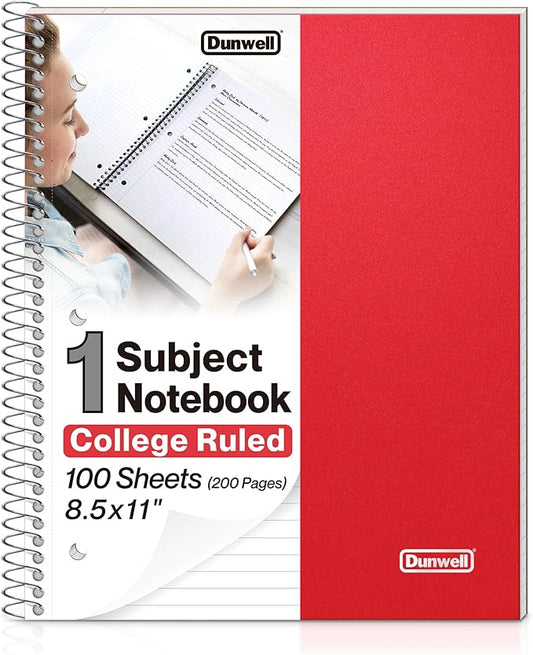Dunwell 1 Subject Notebook College Ruled (Red), Spiral Notebook 8.5x11 for School, 100 Sheets (200 Pages), Protective Plastic Cover, 2-Pocket Divider, One Subject Note Book 8 1/2 x 11