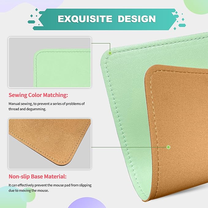 PU Leather Mouse Pad With Stitched Edge, Micro-Fiber Base, Non-Slip Waterproof for Computers, Laptop, 8x11 Inch (Natural Green)