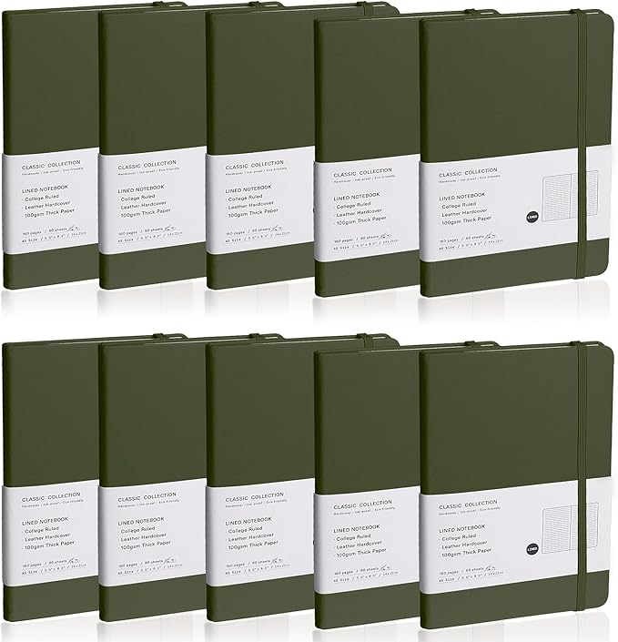 Lined Journal Notebook, 10Pack Hardcover Notebook for Men & Women – Journals for Writing, Work, School, Home & Daily Notes, 160 Pages – Medium A5, 5.7"x8", 100 gsm Thick Paper (Olive Green)