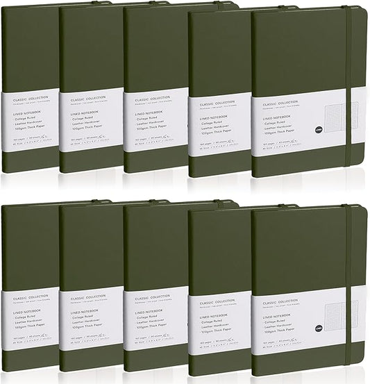 Lined Journal Notebook, 10Pack Hardcover Notebook for Men & Women – Journals for Writing, Work, School, Home & Daily Notes, 160 Pages – Medium A5, 5.7"x8", 100 gsm Thick Paper (Olive Green)