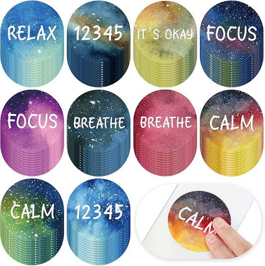 Crtiin 100 Pack Sensory Strips Anxiety Mindfulness Breath Calm Stickers Adhesive Texture Rough Tactile Fidget Tape for Mental Health Relief Anti Stress Stickers(Round)