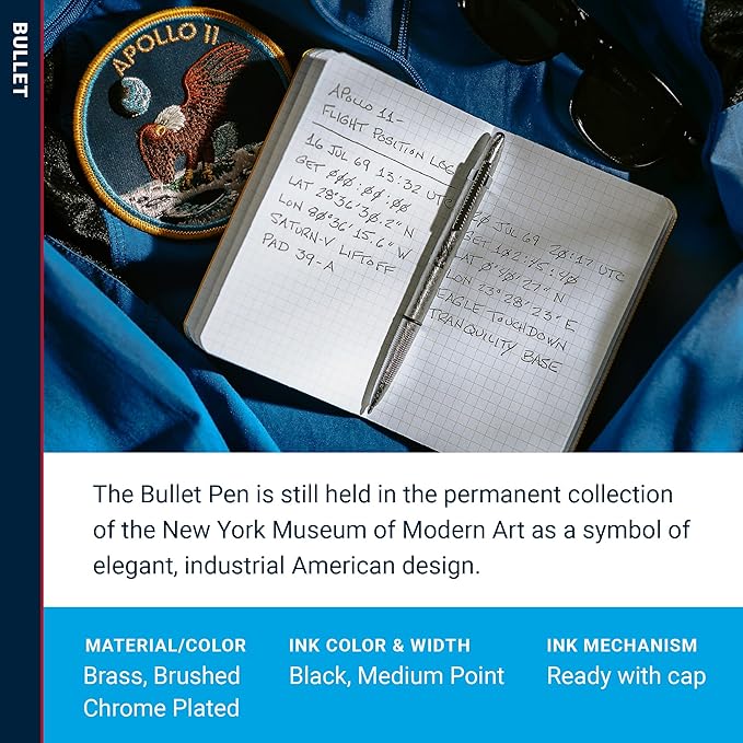 Fisher Space Pen Bullet Space Pen, Brushed Chrome Pressurized Ballpoint Pen, Compact Size, Writes Upside Down, Extreme Temperatures, Smooth Black Ink, Medium Point, Pocket Clip, Gift Box, Made in USA