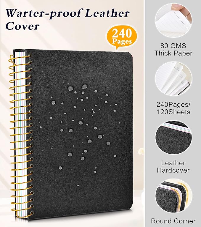 5 Subject Notebook College Ruled, A5 Hardcover Spiral Notebook with Removable Pocket Dividers Tabs, 240 Pages Lined Spiral Journal Notebook for Women, 6x8.5 Notebooks for Work School Note taking Black