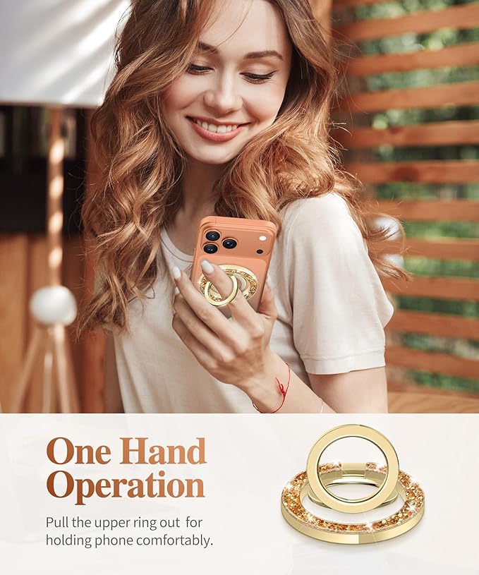 GVIEWIN Magnetic Phone Ring Holder, Compatible with MagSafe Phone Grip with Adjustable Stand, Magnet Phone Ring Kickstand for iPhone 17/16/15/14/13/12 Pro Max Plus Air/Other Phones (Glitter/Copper)