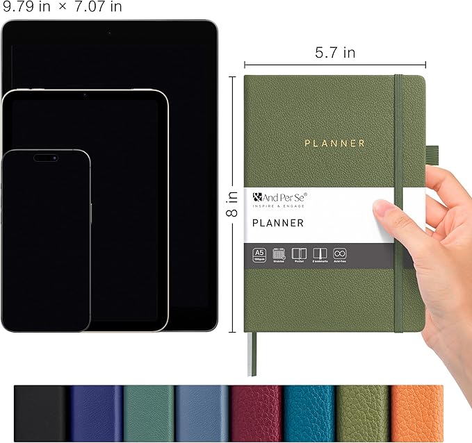 And Per Se Undated Planner – A5 Leather Hardcover Weekly & Monthly Goal Planner for 72 Weeks (1.5 Years) – with Goal & Habit Tracker (Olive Green)