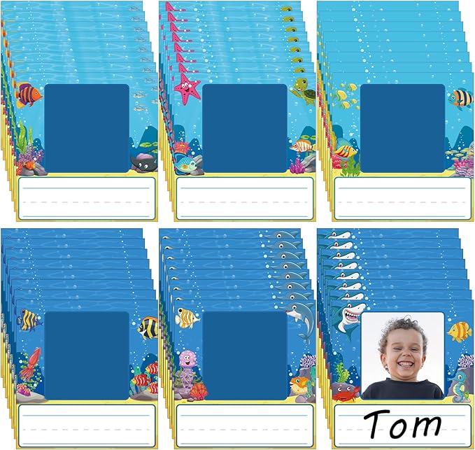 48 Pcs Photo Nameplates for Desk Name Tags Labels Stickers with Photo Space Self-Adhesive Labels Bulletin Board Colorful Indoor Decoration for Desk Bins Cubbies Office Supplies(Ocean)
