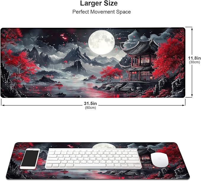 Japanese Mountain Red Full Moon Landscape Large Mouse Pad, Desk Mat Computer Keyboard Pad Non-Slip Rubber Base Waterproof with Stitched Edges for Laptop Gaming, Office & Home 31.5 x 11.8 Inch