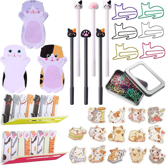 Outus Cat Office Supplies Cute Sticky Notes Paper Clips Gel Ink Pens Cartoon Stickers Party Favor for Cat Lovers Office Supplies(Funny Style)