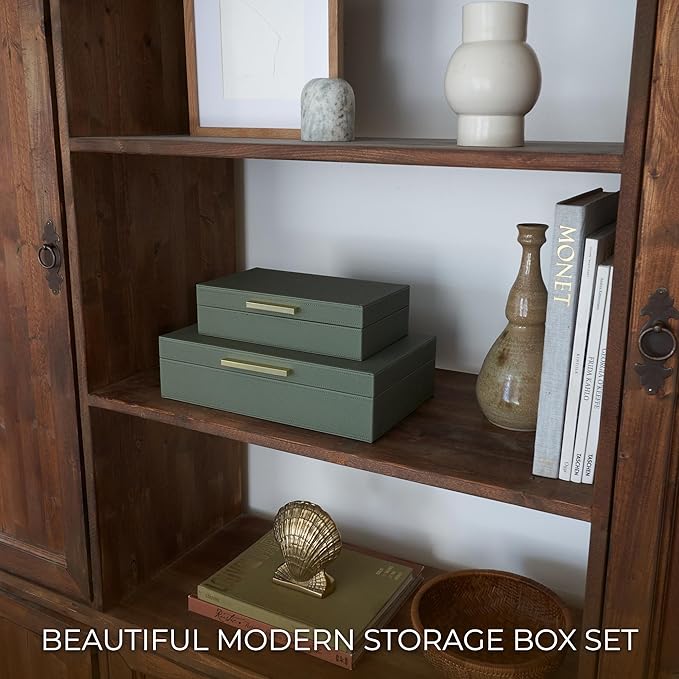 ZICOTO Decorative Storage Boxes with Lids – Set of 2 Beautiful PU Leather Organizer Bins for Your Bookshelf Home Decor - Safely Store Photos, Documents and Memory Box Keepsakes in Style