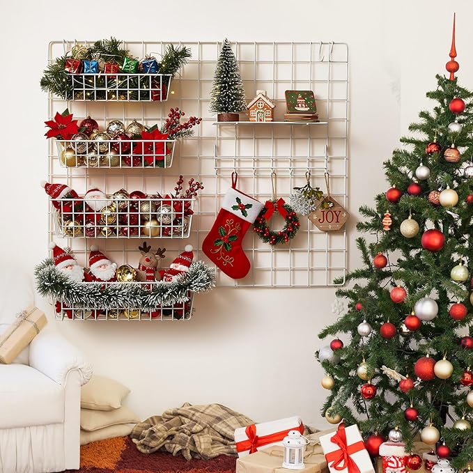 9 Pcs Grid Wall Shelves Gridwall Accessories Wall Grid Panel Hanging Basket with Hooks Set Includes 3 Basket 3 Wire Straight Shelf 3 Hooks Rack for Home Storage Display Organizer (White)