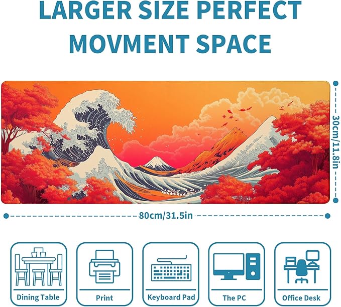 Japanese Sea Wave Mouse Pad Red Desk Mat XL Mouse Gaming Pads, Sea Keyboard Pads Extra Large Desktop Computer Mats with Non-Slip Base & Stitched Edges, Vintage Office Decor 31.5x11.8