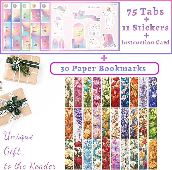 Bible Tabs with Unique Stickers, Laminated Bible Tabs for Women & Men, Christian Gifts, Large Print Bible Tabs for Easy Navigation, Bible Book Index Tabs Labels, Bible Study Supplies, Rainbow3 SQ4
