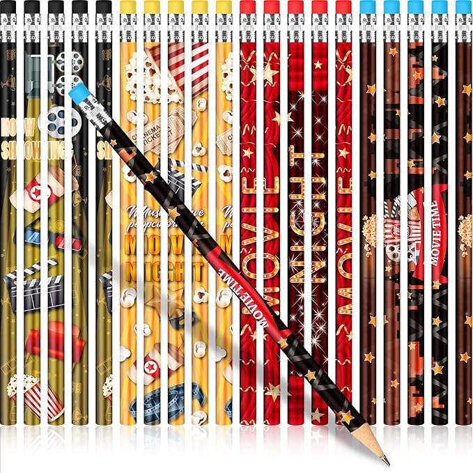Sherr 36 Pieces Movie Night Pencils with Erasers Bulk, Wooden Colorful Pencils Bulk for Students Classroom Prize Birthday Stationery Party Favors, 4 Style
