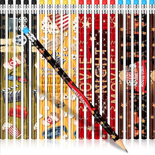 Sherr 36 Pieces Movie Night Pencils with Erasers Bulk, Wooden Colorful Pencils Bulk for Students Classroom Prize Birthday Stationery Party Favors, 4 Style