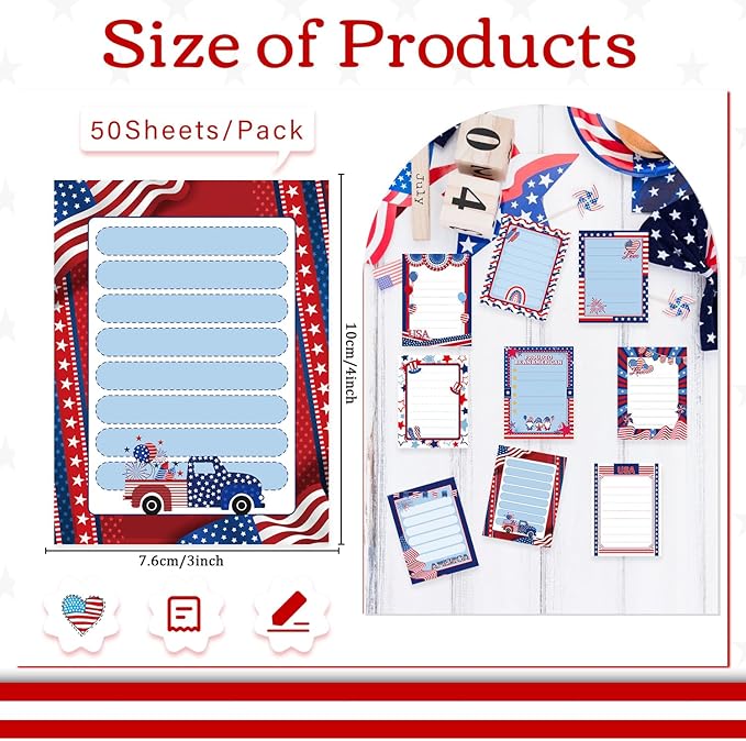 Patriotic Sticky Notes Gifts - 9 Pack Red White Blue Sticky Notes 3x4 Inches, Proud to Be an American Self-Stick Memo Pads, National Memorial Veterans Day Office Supplies, 450 Sheets