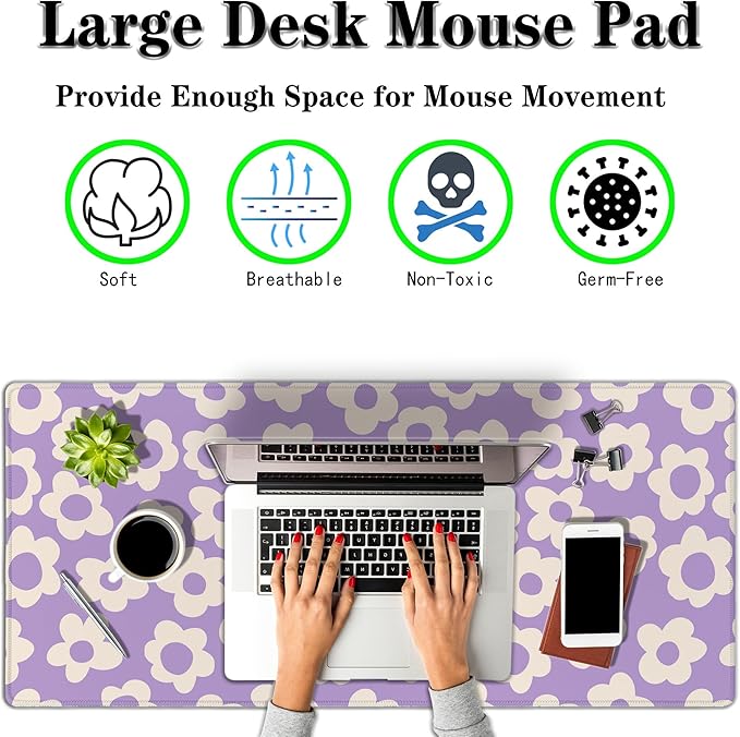 Gaming Mousepad Purple Girl Boss Office Decor Desktop Mats Desk Stuff for Woman Large Mouse Pad XXL Mats Non-Slip Rubber Base 35.4" X 15.7" for Game Office, Vintage Groovy Flowers