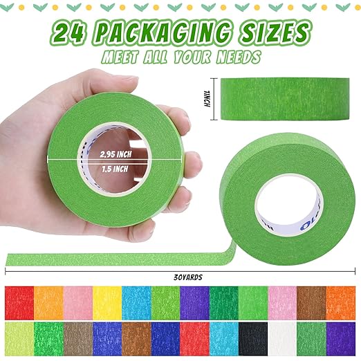 24 Rolls Bulk Colored Masking Tape for Art, 1 inch x 720 Yards for Crafts, Labeling, DIY Decorative, Colored Painters Tape, Rainbow Colors Tape for General Use Projects, Easy Tear No Residue