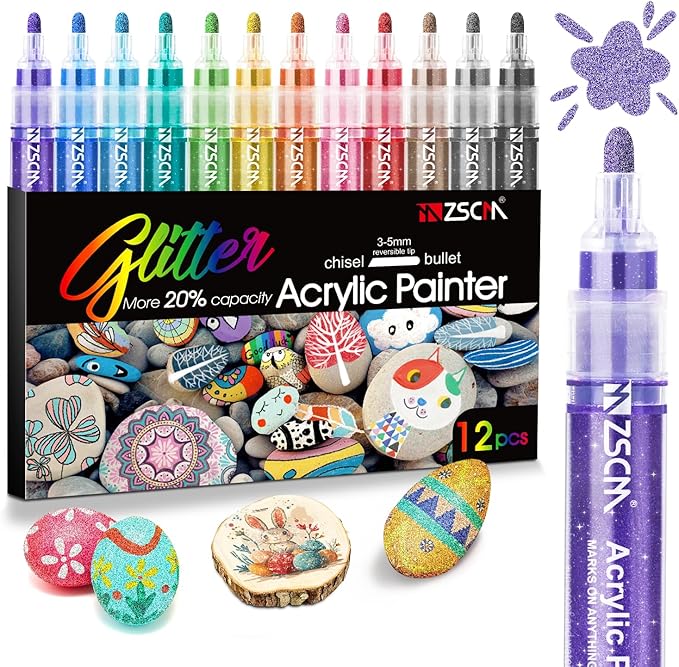 ZSCM Large Acrylic Glitter Markers Pen, 12 Colors Stocking Stuffers Gifts, Metallic Shimmer Markers for Doodle Writing, Glitter Art Crafts Gifts Trendy Stuff Christmas Stocking Stuffers
