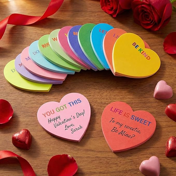Teling 24 Pack Valentine's Day Sticky Notes Heart Shape Sticky Notes 3 x 3 Inch Inspirational Notepads Bulk Cute Memo Pads for Galentines Party Gifts School Office Supplies (Bright)