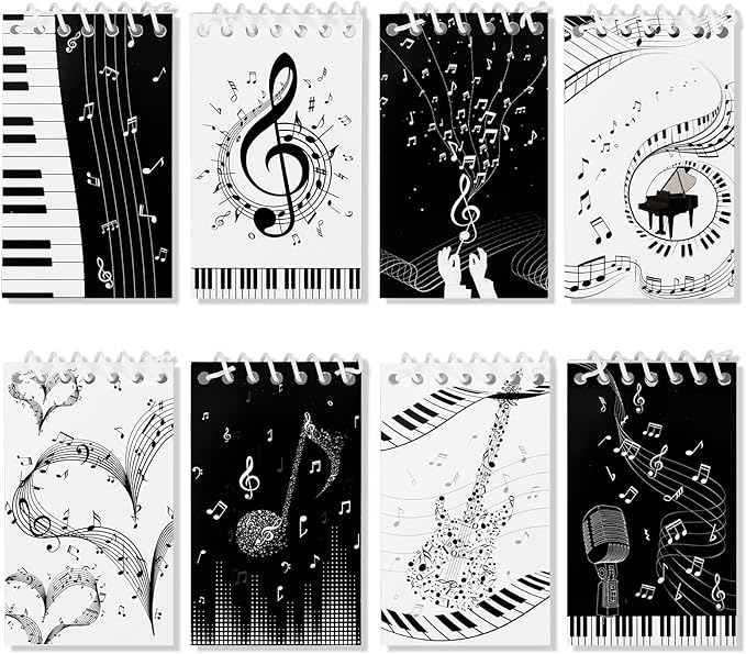 Konsait Music Themed Notepads, Music Note Mini Spiral Notebook Message Reminder for Office School Supplies Music Gifts for Teacher Student Classroom Rewards Party Favors (8 Pieces)