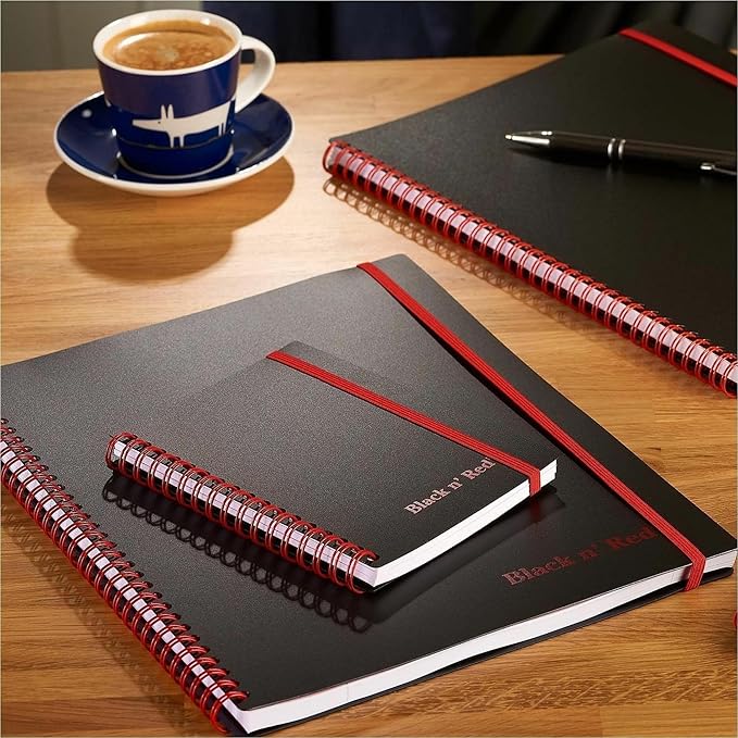 Black n' Red Notebook, Business Journal, 11" x 8", 70 Sheets, Ruled, Optik Paper, Scribzee App, Flexible Poly Cover, Wirebound, Black (K67030)