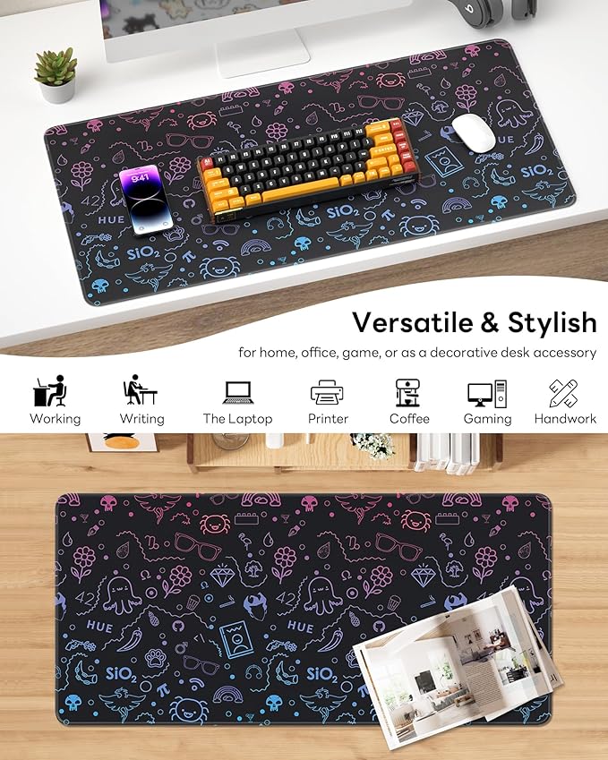 XL Gaming Mouse Pad, 31.5x17.5'' Large Desk Mat with Anti-Slip Rubber Base & Stitched Edges for Gaming, Office, Home - Cute Graffiti