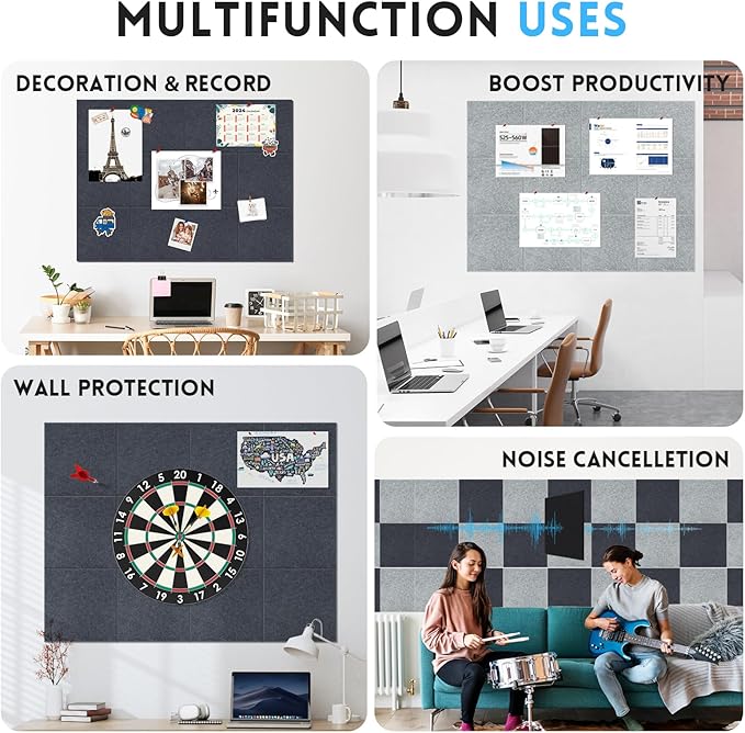 Large Cork Bulletin Board for Wall 36"x24", 6 Pack Felt Wall Tiles with 50 Pushpins, 30 Safe Removable Adhesive Tabs, Decorative Pin Board Tack Board for Office Home School, Dark Blue