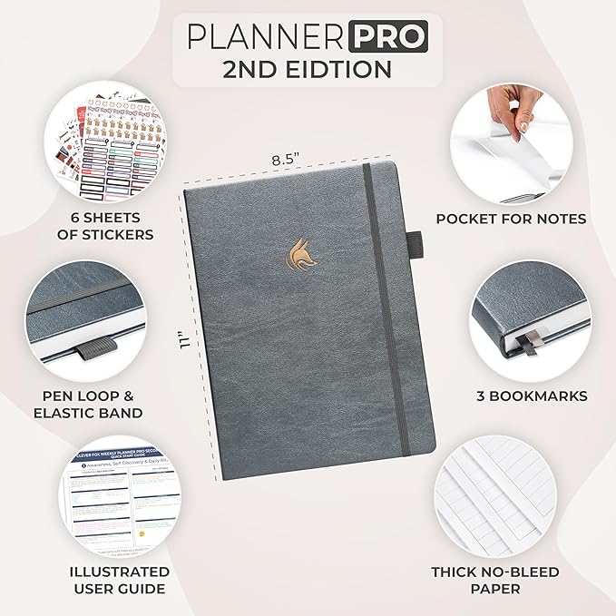 Clever Fox Planner PRO 2nd Edition – Undated Weekly Agenda Planner for Setting Goals, Tasks & Time Management – Life Organizer with To-do Lists & Habit Trackers – Large, 8.5x11″ (Silver Black)