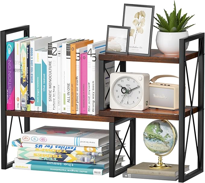 Desktop Shelf Organizer,Small Bookshelf for Office,Wood Desk Top Shelves, Office Organization and Storage (Brown)