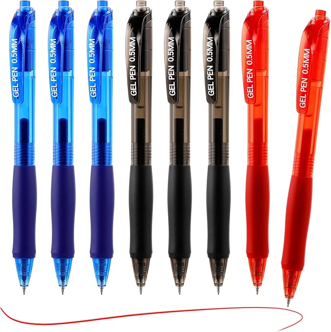 USUAL Gel Pens 0.5 mm,8 Pack Retractable Black Blue Red Ink Pen Fine Point Rollerball Pens,Quick Dry Smooth Writing,No Bleed for Journaling Note Taking, Home School Office Supplies