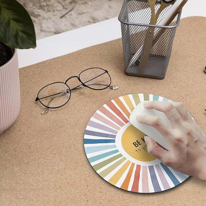 Boho Colorful Rainbow Sun Mouse Pad,Be Kind To Your Mind Cute Rainbow Sunshine Mouse Pads Mousepad for Desk Home Office Dorm Computers Laptop, Boho Office Supplies Desk Accessories, 7.9x7.9 Inch