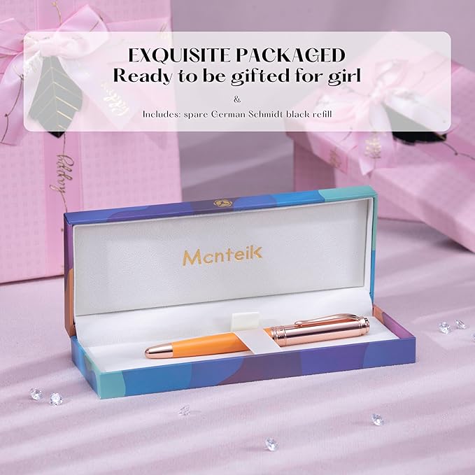 Luxury Rollerball Pen, Top Set With 8mm Brilliant Diamond,Bright Orange Lacquer,Rose Real Gold Finish, Schmidt Black Refill,Elegant Gift Pen For Women, Unique, Office,Nice Designer Pens
