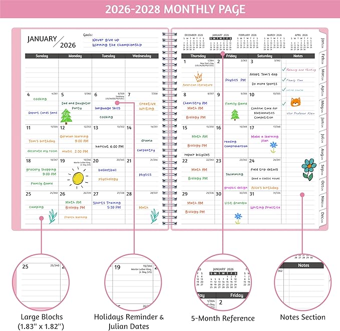 Monthly Planner 2026-2028, 36 Months Calendar Planner 2026-2028 from Jan 2026 – Dec 2028, 8.5'' x 11'' with Ruled Spread, Flexible Cover, Spiral Wirebound, Pocket, Coated Tabs, Notes ＆ Habit Tracker