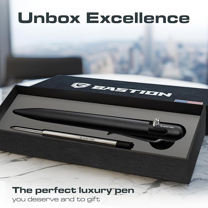 BASTION Aluminum Bolt Action HyperBolt Pen - CNC Machined Lightweight EDC Writing Tool, Refillable, Premium Everyday Carry Gift Pen for Professionals - Black