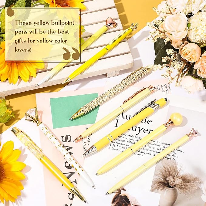 Janmini 9 Pcs Ballpoint Pens Set Metal Crystal Diamond Glitter Pens for Journaling Black Ink Pretty Cute Things Fancy Stationery Gifts for Women Girls Birthday Home Office Desk(Yellow)