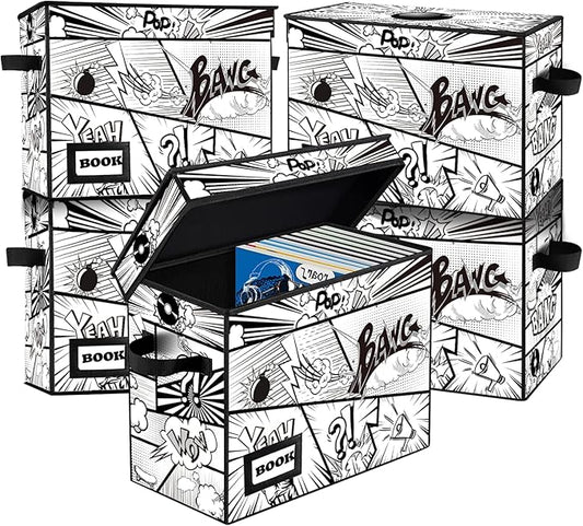 5 Pack Comic Book Storage Box, 15.8" X 7.8" X 11.8", Collapsible Holds 160-180 Comic Book Short Box Bin Container Holder Shelf(Cartoon Bombs)